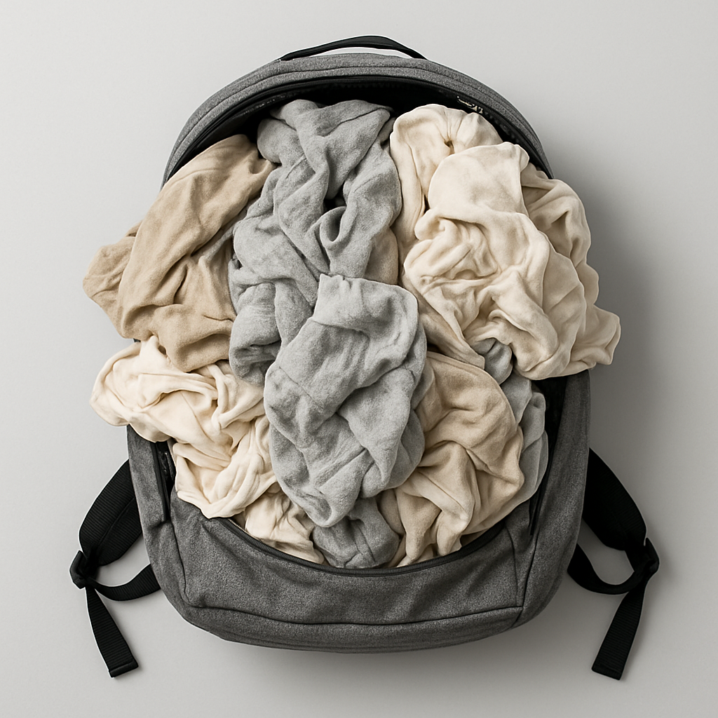 Mochila comum lotada de roupas volumosas e desorganizadas, difícil de fechar